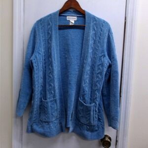 Alfred Dunner Women's Blue Cable Knit Cardigan Sweater Pockets